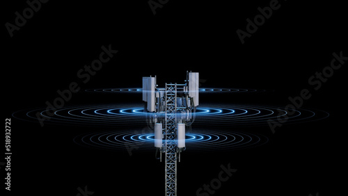 3D Rendering of mobile phone signal repeater station tower with abstract data transmission circular waves on dark background. For telecommunication industry, 4g 5g mobile data.