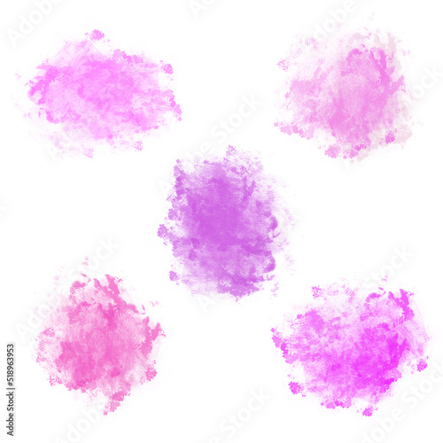 Set of 5 abstract hand-drawn blurred textured pink and purple stains isolated on white background. Collection of round dry brush stroke graphic design elements. Paintbrush imprints pack. Foggy clouds.