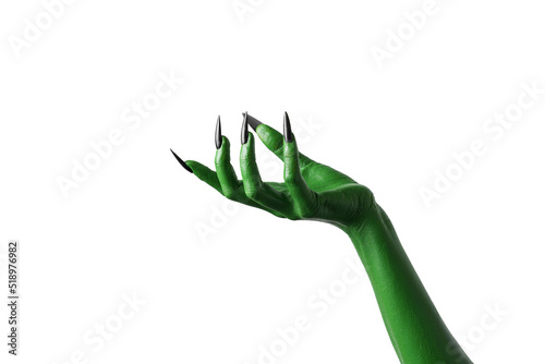 Halloween green color of witches, evil or zombie monster hand isolated on white background.