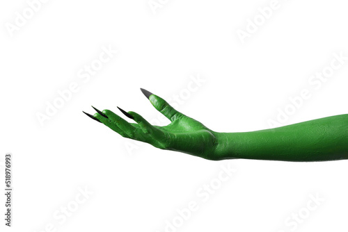 Halloween green color of witches, evil or zombie monster hand isolated on white background.