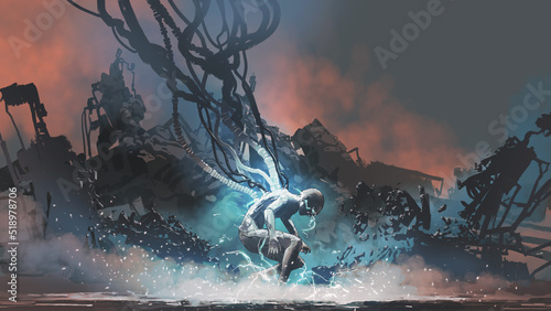 sci-fi concept showing a cyborg male recovering energy, digital art style, illustration painting