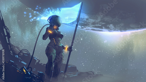 futuristic woman holding a glowing flag standing on a structure against a large planet in the background, digital art style, illustration painting