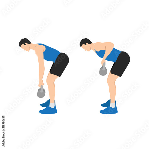 Man doing Two arm kettlebell row exercise. Flat vector illustration isolated on white background. workout character set