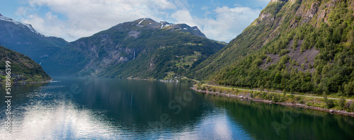 Geiranger panorama view from harbor Møre og Romsdal at Geirangerfjorden in Norway (Norwegen, Norge or Noreg)