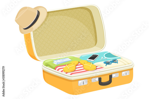 Opened travel suitcase full of things for summer vacation. Flat design. Vector illustration isolated on white background