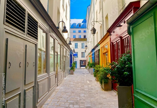 colorful street in the old town of Paris in le Marais