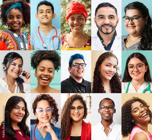 Portrait collage of people of different ethnicities, different ages and genders, Latin American ethnic diversity concept.