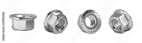 Set with metal flange nuts on white background. Banner design