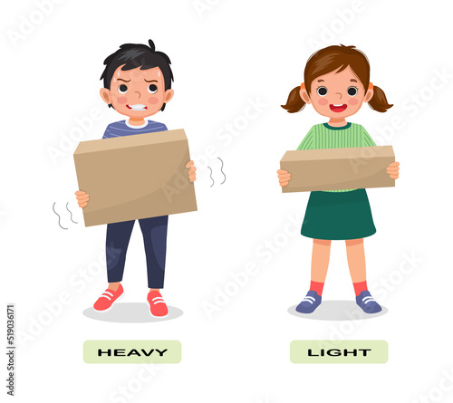 Opposite adjective antonym English words heavy light illustration for kids explanation flashcard with text label