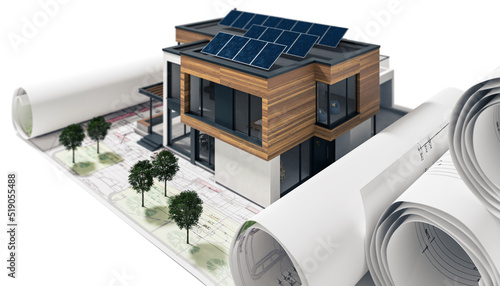 Modernes Einfamilienhaus mit Photvoltaik als Bauplanungsgraphik