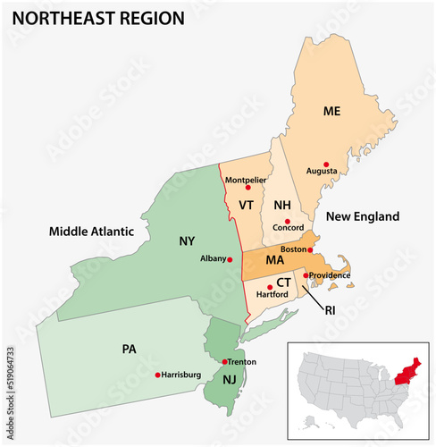 Administrative vector map of the US Census Region Northeast