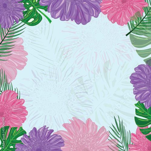 Vector art of floral frame or border design, royal purple, fandango pink color gerbera flower with forest green traditional, dartmouth green color swiss cheese plant leaf and palm tree leaf .