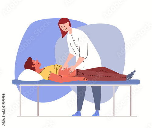 Man in hospital with symptoms of abdominal pain. Physician palpates abdomen of patient. Guy lies on couch while being examined by doctor. Vector illustration flat cartoon.