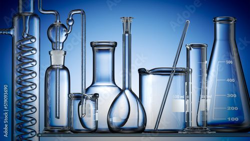 Glass chemistry lab equipment on blue background. Chemistry Lab concept. 3d 