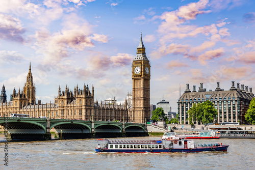 Big Ben, Westminster Bridge on River Thames in London, England, UK