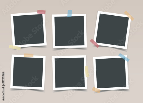 Black photo frames with color sticky tape on beige background. Vector realistic mockup. Six empty square photo cards with white border. Blank Template for collages and design. EPS10.