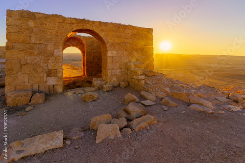 Sunset with ancient ruins, Nabataean city of Avdat