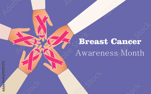 Breast Cancer Awareness Month. Pink ribbon sign. People's open palms hold a ribbon against a purple horizontal banner. 