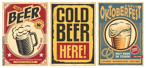 Beer posters set on old paper texture, perfect advertisements or wall decorations for pub, cafe bar or Oktoberfest event. Alcoholic drinks vintage vector flyers.