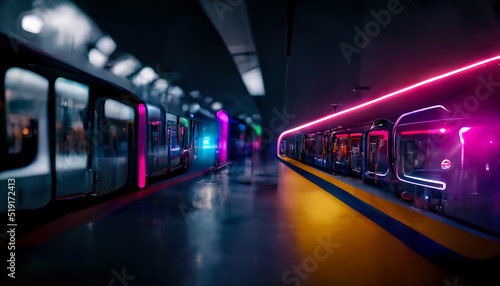 Modern neon background. Underground modern metro, night metro. Reflection of neon light. Wet asphalt. 3D illustration.