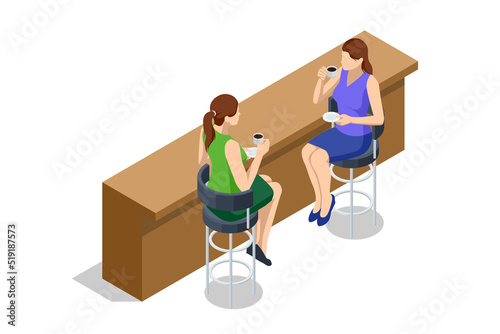 Isometric girls seating on cafe with wooden bar counter. Coffee shop patio. Women drink tea and talking