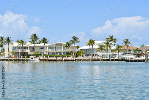 Waterfront homes and boats along the waterway in Marathon key in the Florida Keys