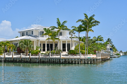 Waterfront homes and boats along the waterway in Marathon key in the Florida Keys