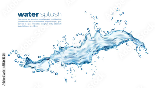 Isolated blue water wave flow with splash and drops. Pouring soda drink swirl droplets. Pure clear aqua realistic vector flow ripples or natural water translucent wave, spill or stream splatters