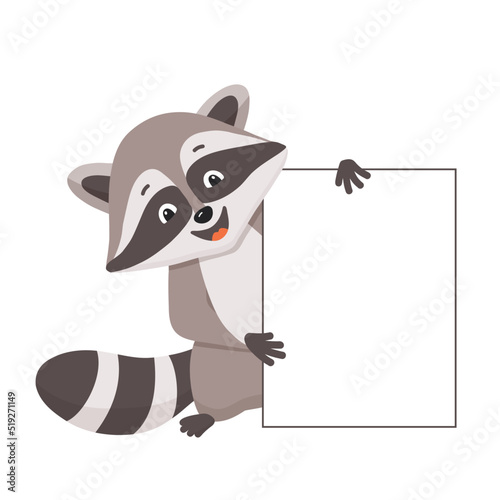 Funny cute cartoon raccoon Holding Blank Banner. Vector illustration of small raccoon character isolated on white