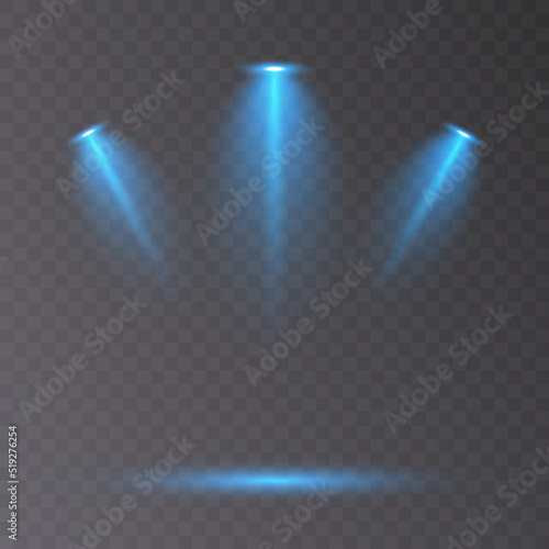 Projector glow of blue light. Vector glowing light effect with blue rays. PNG