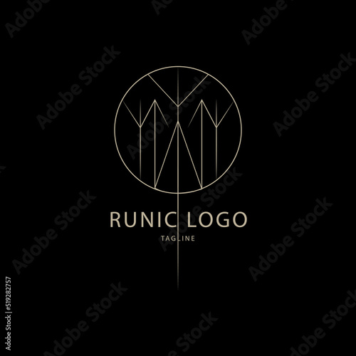 Vector runic logo of geometric elements, rune algiz, tivaz. Sacred round symbol of protection, success and victory. Abstract success icon, business emblem for design, esoteric, tattoo, astrology, yoga