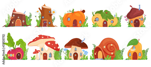 A set of beautiful fantasy houses. Illustration of children fairy-tale houses. Housing for fictional characters. Vector illustration