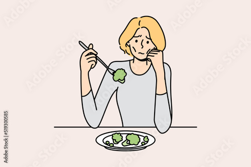Unhappy anorexic woman suffer eating food. Upset stressed skinny female struggle with meal disorder. Health problem and healthcare. Vector illustration. 