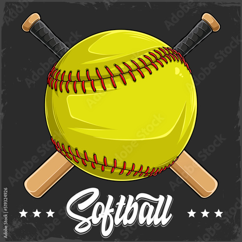 Hand drawn yellow Softball ball with red lacing and two crossed softball bats behind