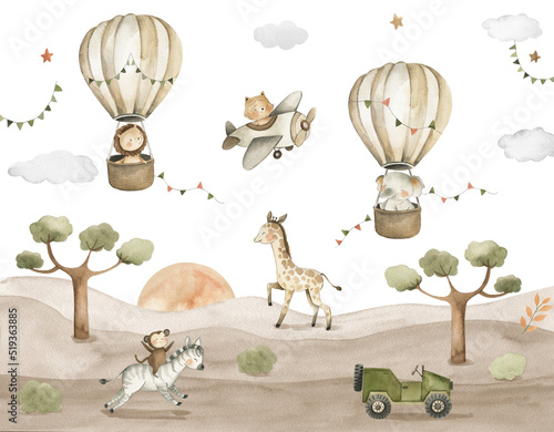 Safari Animals Baby Watercolor Illustration with lion, zebra, giraffe, monkey and elephant in hot air balloons