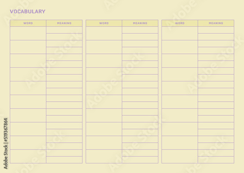 Note, scheduler, diary, calendar planner document template illustration. vocabulary form.