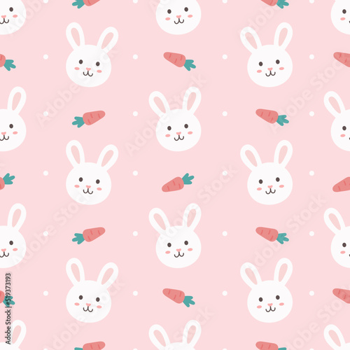 Cute rabbit with carrot, seamless pattern. Pink background. Pastel concept. Cute cartoon. Kawaii character