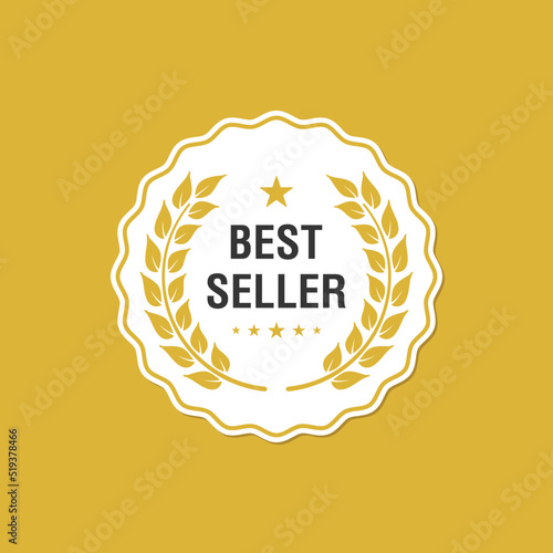 Best seller sticker label emblem circular laurel in gold color with stars icon isolated
