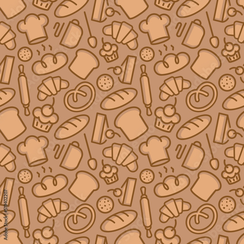 Bakery seamless pattern consisting of food and baking accessories line style brown color for use decoration identity loaf store, coffee shop, food market, cafe, cupcake firm etc. Vector Illustration