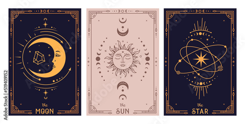 Mystical tarot card sun moon and star. Celestial poster design. Boho vector illustration. Esoteric decorative element. Witchcraft, occult, spiritual design