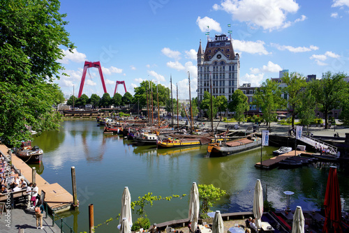 Oude Haven, one of the oldest ports of Rotterdam with Witte Huis building and Willemsbrug bridge, Netherlands