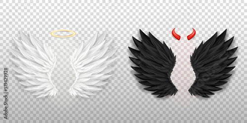 3D white angel wings with golden nimbus, halo and black devil wings with red daemon horns isolated on transparent background. Realistic festival, carnival costume. Fantasy, religion concept.