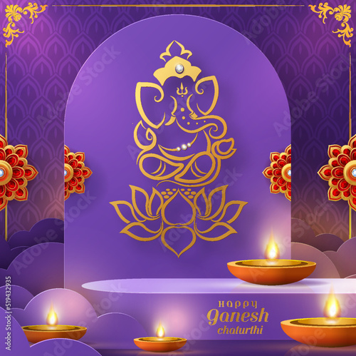 Happy ganesh chaturthi greetings with golden shiny lord ganesha most famous festivals in india with patterned and crystals on paper color background.
