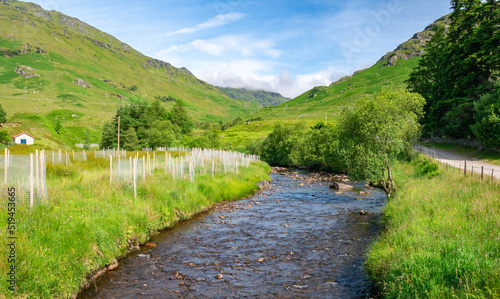 River running through a valley in a beautiful lush green summer mountainous landscape in the Scottish Trossachs National Park.