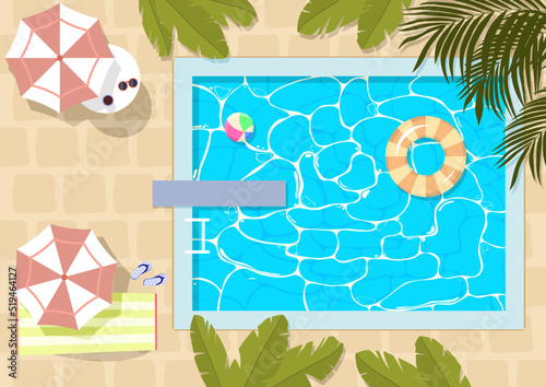 Odpoczynek nad basenem. Letnie wakacje nad wodą wśród palm. Ilustracja z basenem, leżakiem, piłką plażową i parasolkami przeciwsłonecznymi.