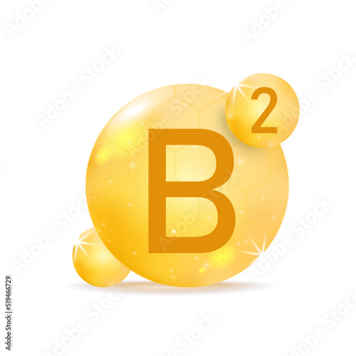 Vitamin B2 golden icon. Drop vitamin pill capsule.