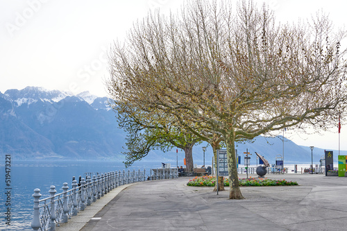 A landscape of Lake Geneva from the lakeside promenade at Vevey city, Switzerland. (Selective Focus)