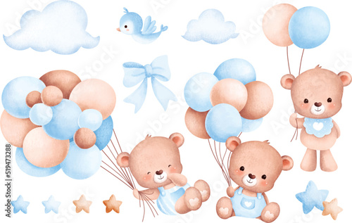 Watercolor Illustration set of baby bear and balloons