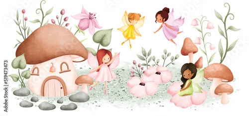 Watercolor Illustration Fairy Garden and plants