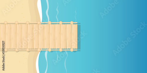 wooden bridge in turquoise water with starfish shell summer background